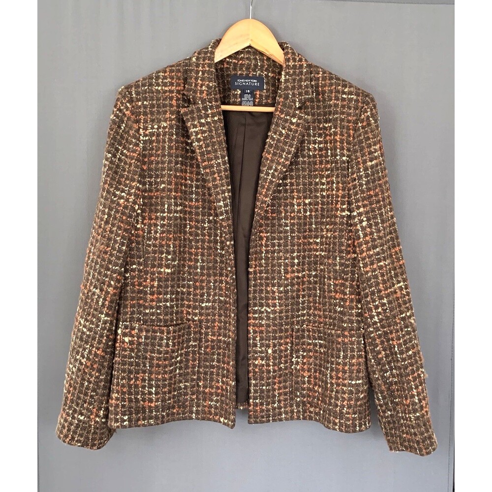 90s Jones NY Plaid Tweed Blazer Jacket Sz 16 Brown Wool Blend Fallcore Academia